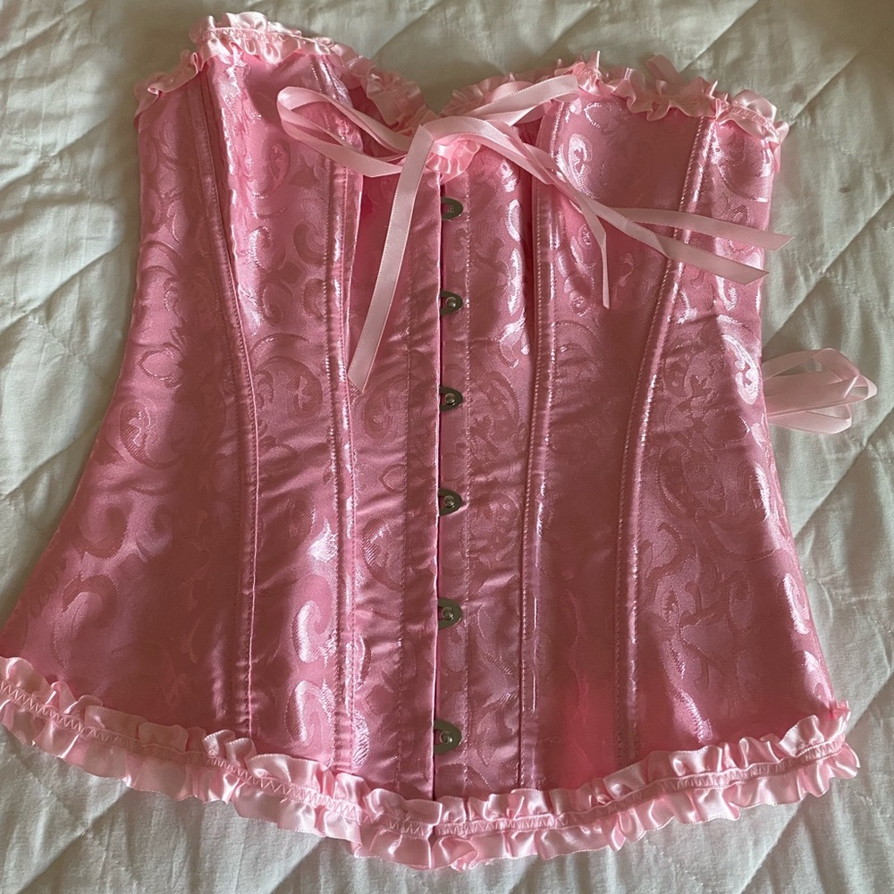 Pink Satin Corset with Ruffle Trim